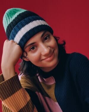 Everlane The Cashmere Unisex Beanie Bright Navy Multi Stripe NWT